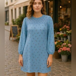 Kensie "Forget Me Not" Blue & Black Floral Print Long Sleeve Flowy Dress